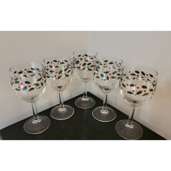 Unbranded Other - Christmas Holly Berry Gold Confetti Wine Glasses Set of 5 Holiday Stemware 7 In